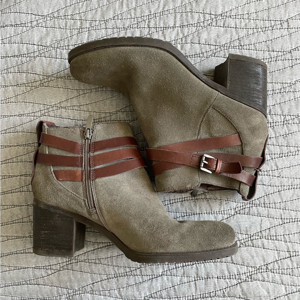 Sam Edelman Grey Brown Suede Ankle Heeled Booties W Straps Size 9.5